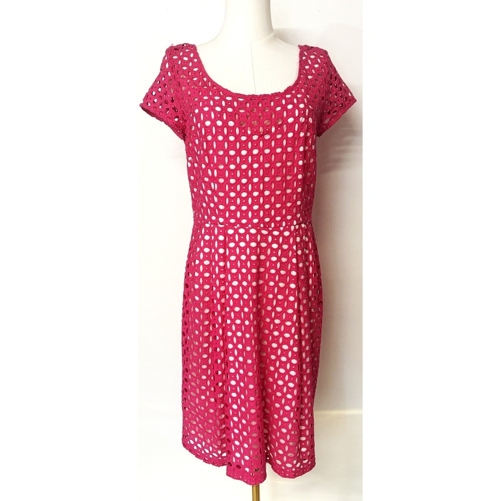 Betsey Johnson Hot Pink Eyelet Lace Fit Flare Dress Keyhole Back Size 10 - Picture 3 of 10